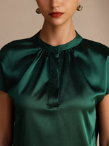 [Dark Green] SilkSilky-CA Short Sleeve Split Women's Blouse 004