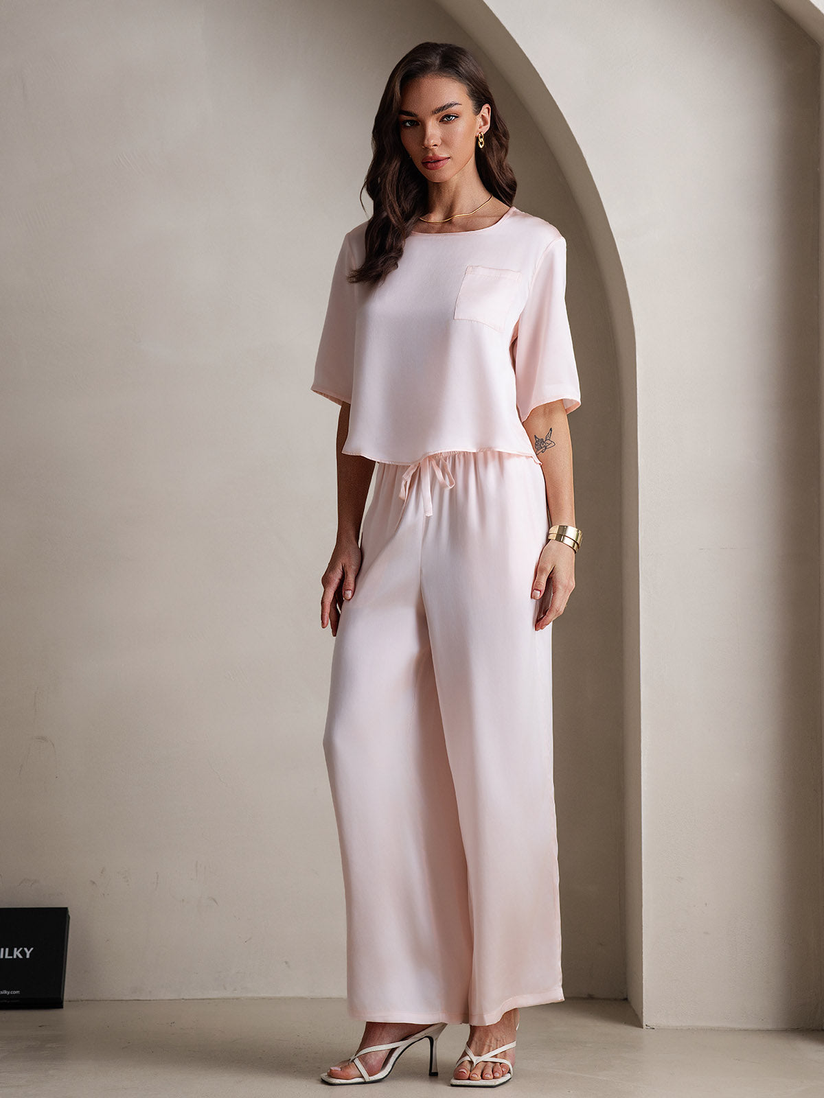 [Pink] SilkSilky-CA Pure Silk Round Neck Women's Pajamas 006