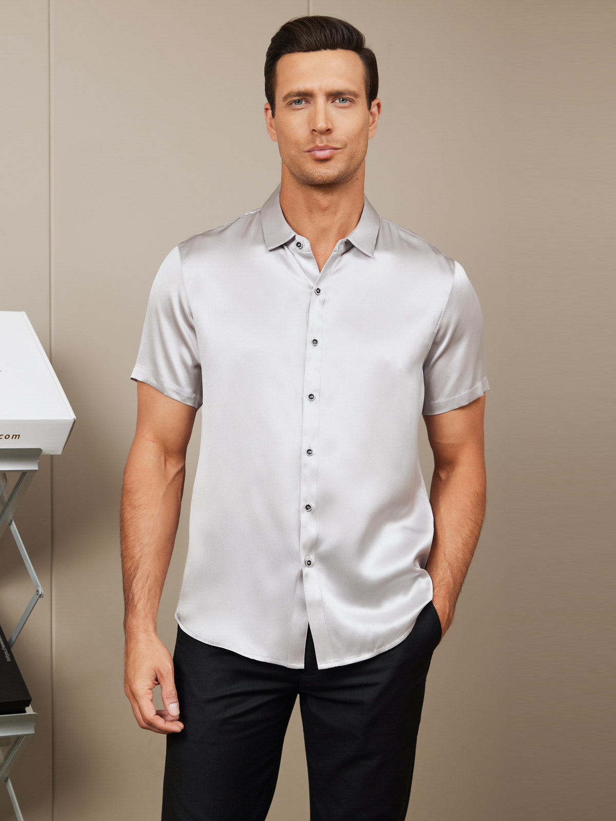 SilkSilky CA Silk Short Sleeve Collar Men's Shirt Silver 001