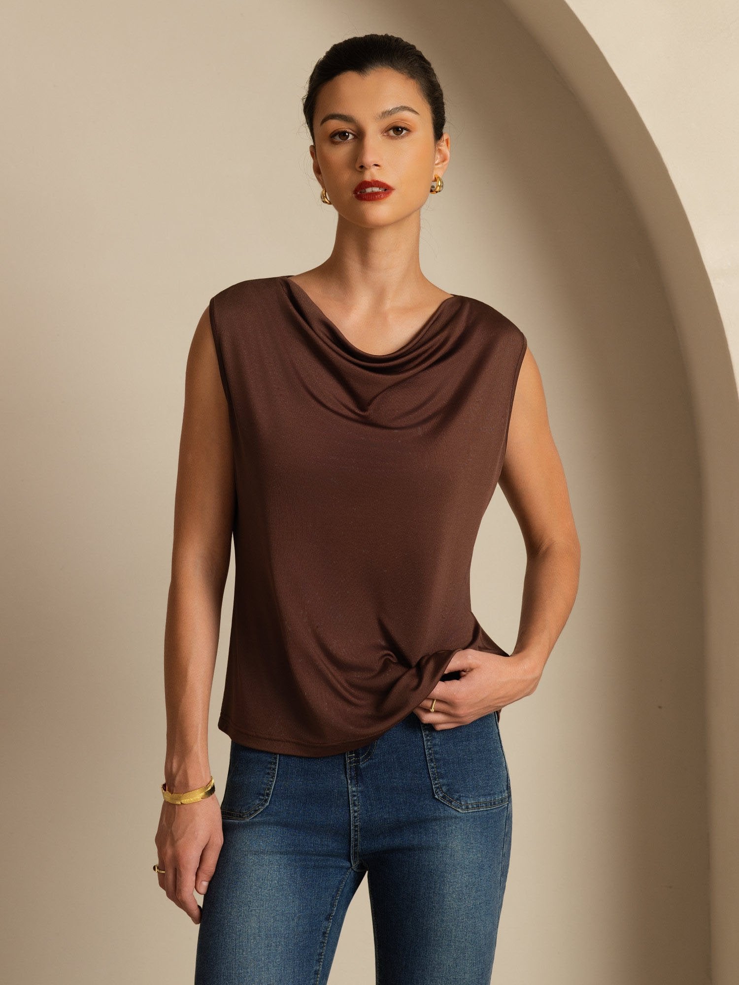 [Coffee] SilkSilky-CA 100% Silk Jersey Sleeveless Cowl Neck Women's T-Shirt 001