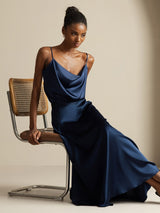 [Dark Blue] SilkSilky-CA 19Momme Stretch Silk Charmeuse Spaghetti Strap Cowl Neck Women''s Outfit Sets 001