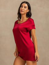 [Wine] SilkSilky-CA 19Momme Machine-Washable Silk Short Sleeve Round Neck Nightgown 007