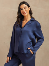 [Dark Blue] SilkSilky-CA 19Momme Machine-Washable Silk Long Sleeve Notch Collar Women's Pajamas 007