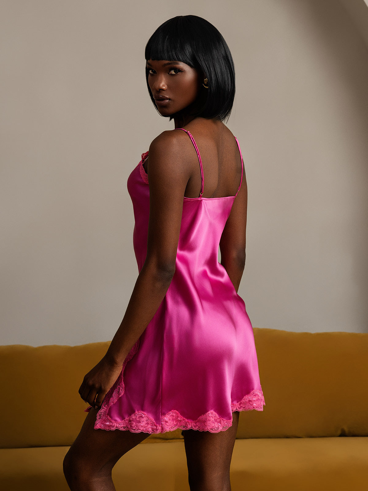 [Hot Pink] SilkSilky-CA Spaghetti Strap V Neck Nightgown 002