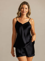[Black] SilkSilky-CA Spaghetti Strap V Neck Camisole Set 001