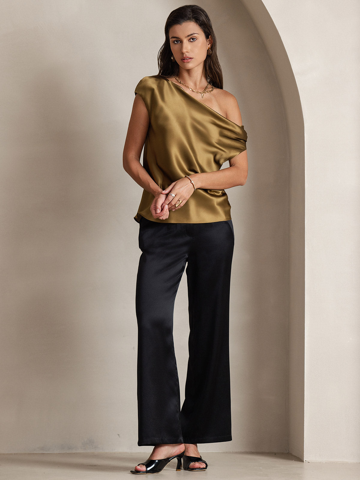 [Brown] SilkSilky-CA 19Momme Silk One Shoulder Women's T-Shirt 007