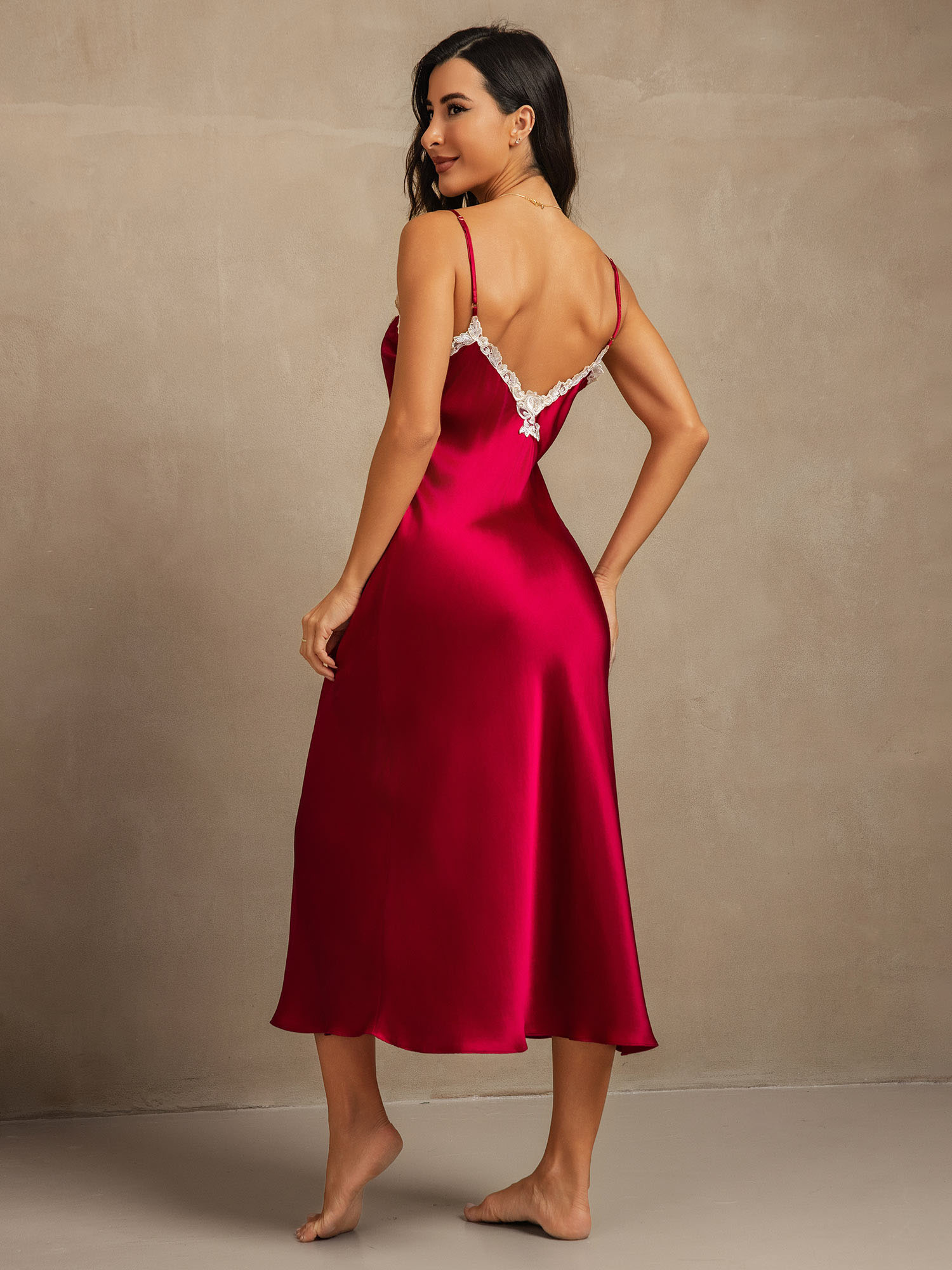 [Wine] SilkSilky-CA 19Momme Pure Silk V Neck Dress 002