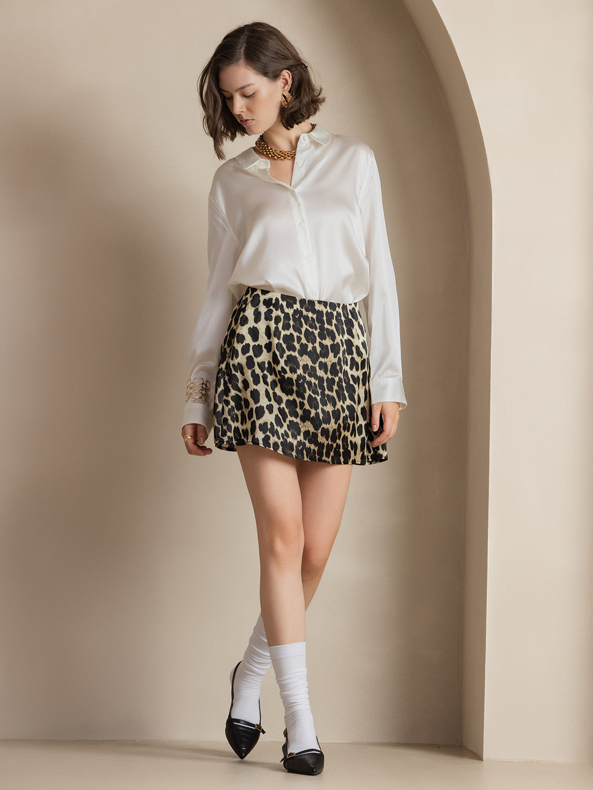 [White] SilkSilky-CA Silk Long Sleeve Lapel Collar Women's Shirt 007