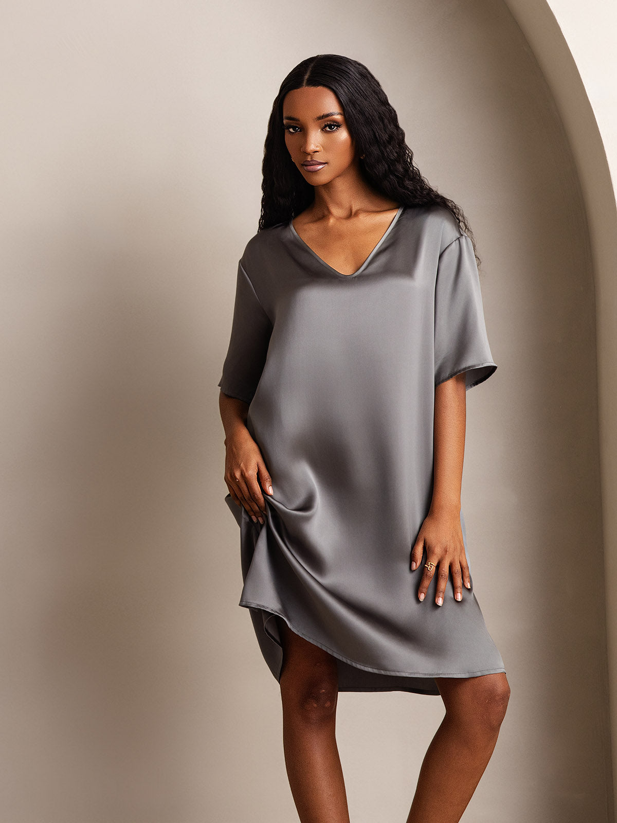 [Dark Gray] SilkSilky-CA Pure Silk V Neck Nightgown 008