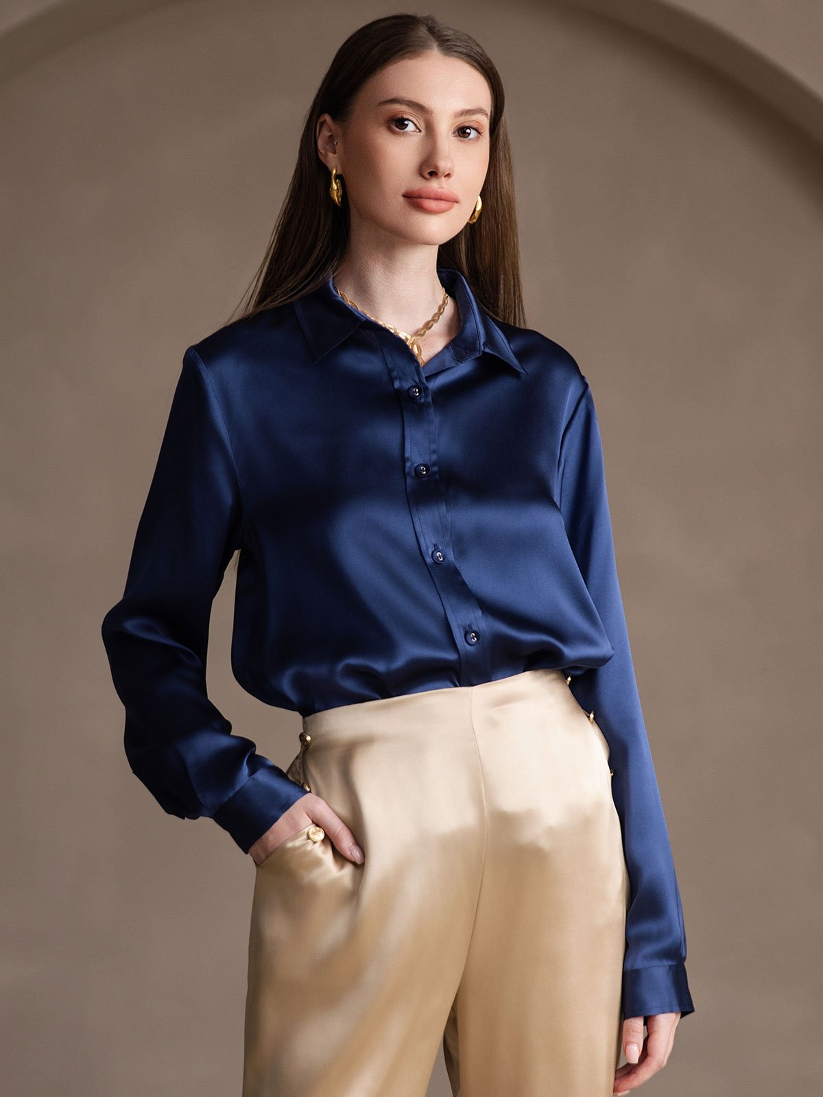 SilkSilky CA 19Momme Silk Long Sleeve Collar Women's Shirt DarkBlue 005