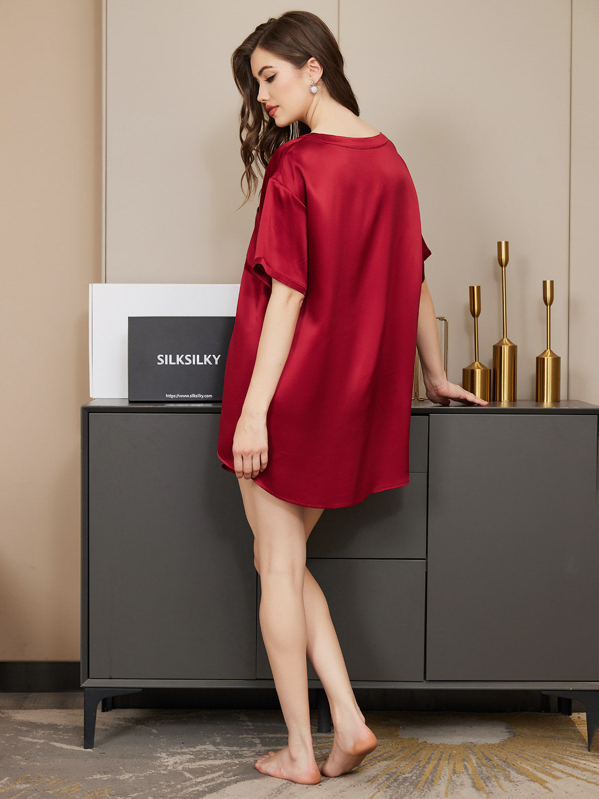 [Wine] SilkSilky-CA Pure Silk Round Neck Women's Pajamas 007