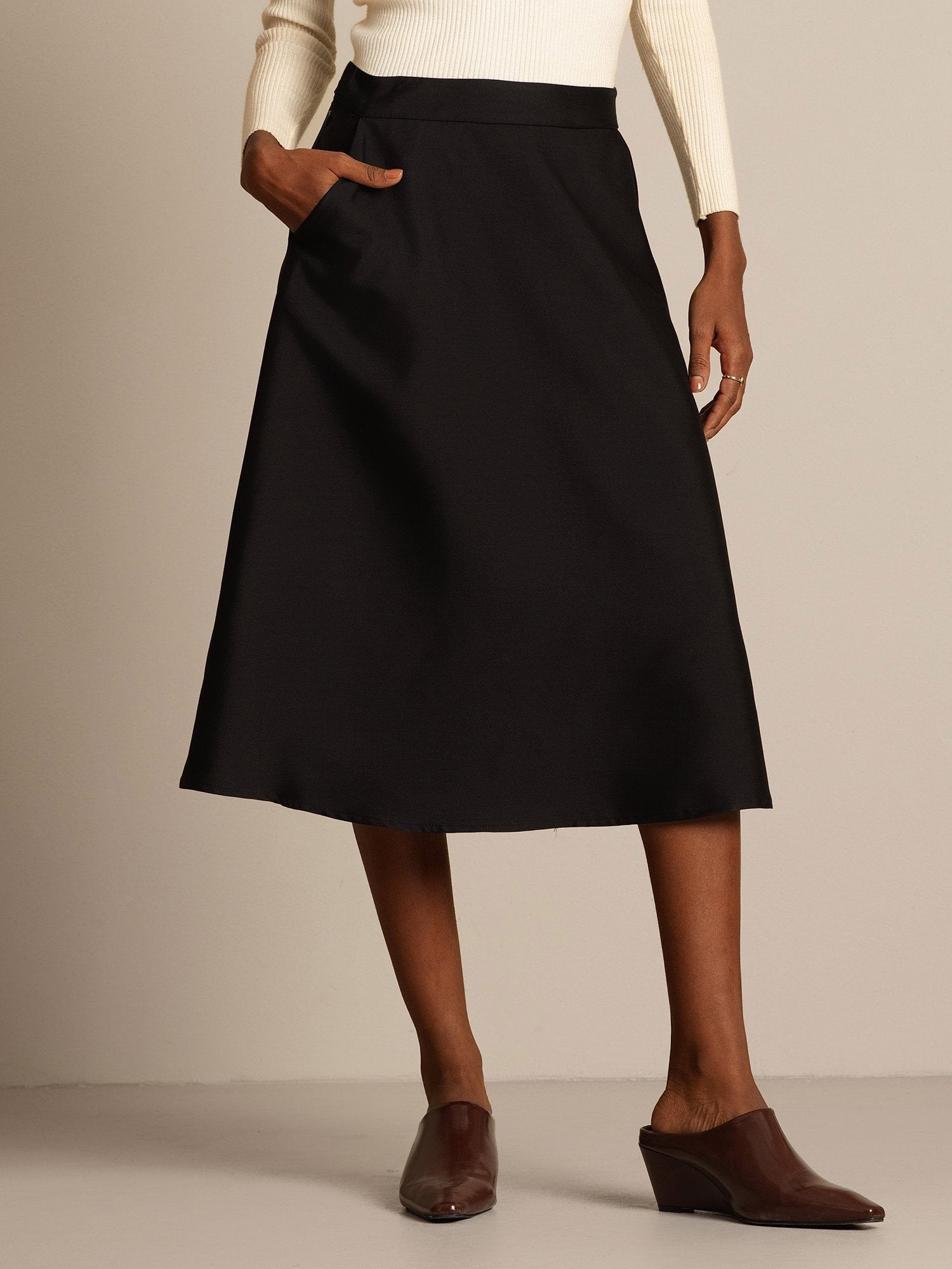 [Black] SilkSilky-CA 32Momme Silk-Wool Blend Skirt 008,