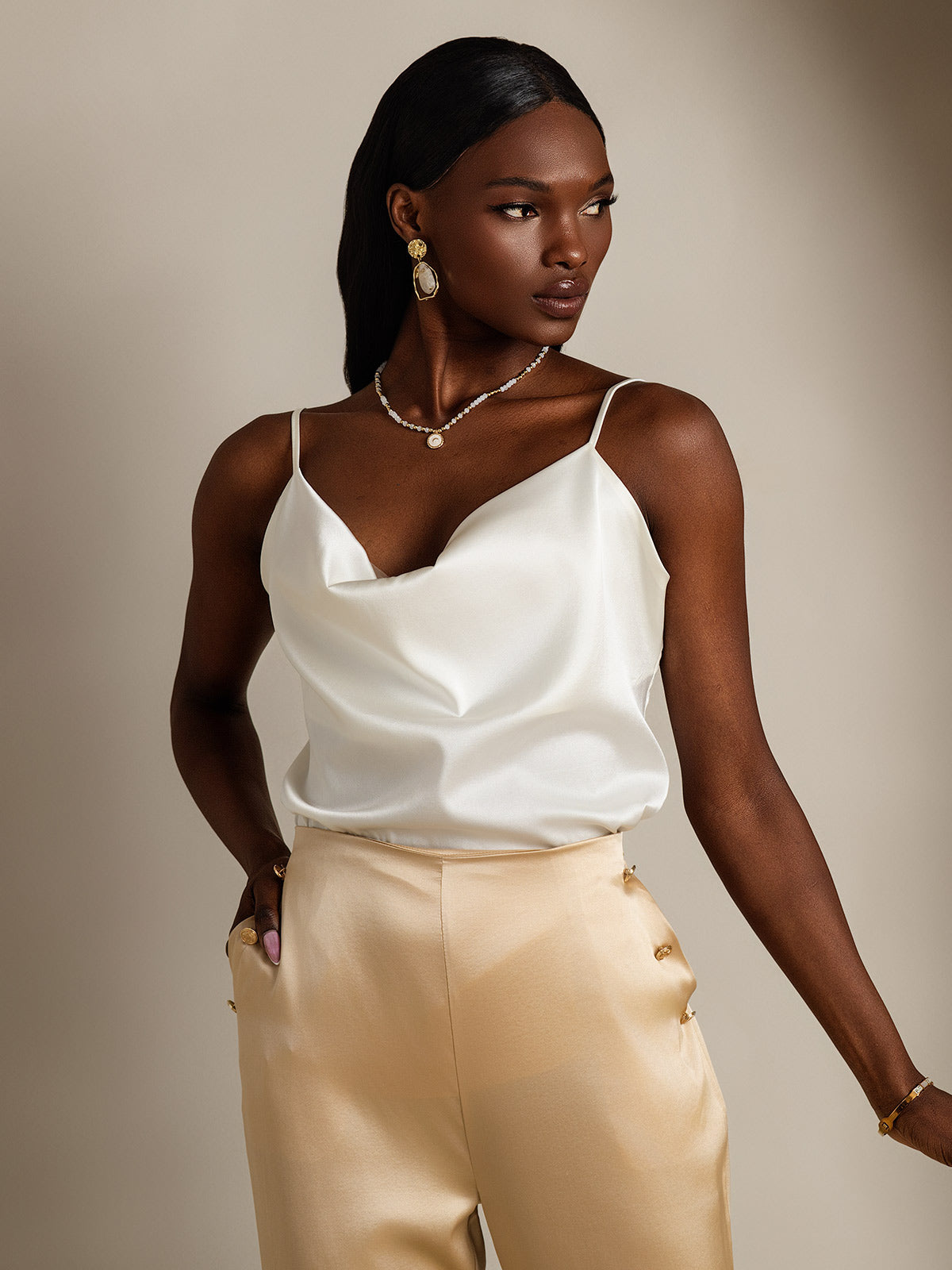 [White] SilkSilky-CA 19Momme Silk Cowl Neck Camisole 005