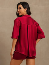 [Wine] SilkSilky-CA 19Momme Machine-Washable Silk Half Sleeve Notch Collar Women's Pajamas 002