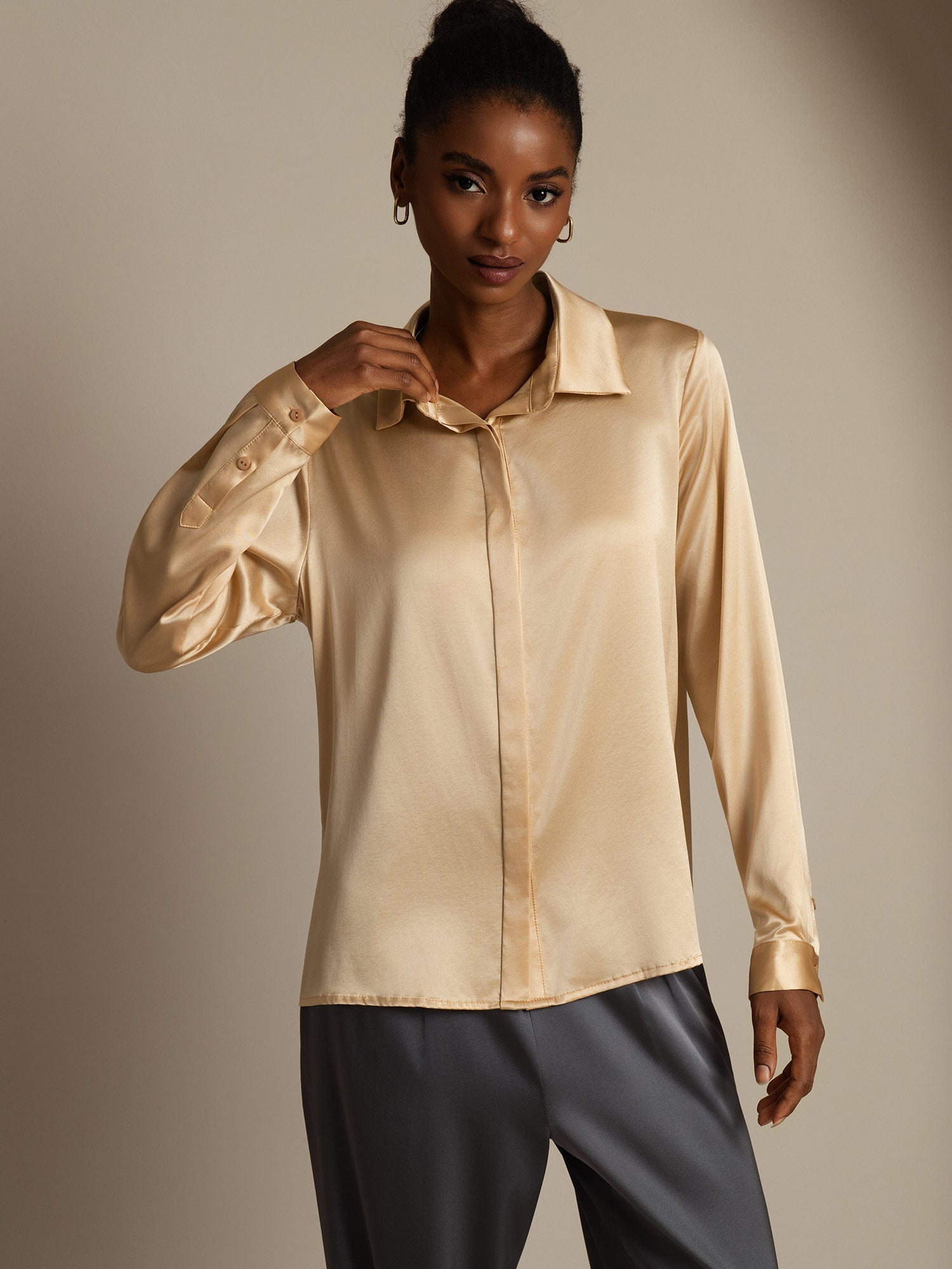 [Champagne] SilkSilky-CA 19Momme Silk Long Sleeve Lapel Collar Women's Shirt 004