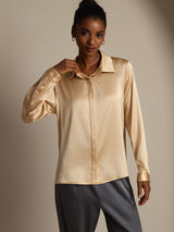 [Champagne] SilkSilky-CA 19Momme Stretch Silk Charmeuse Long Sleeve Lapel Collar Women's Shirt 004