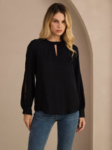 [Black] SilkSilky-CA Long Sleeve Keyhole Neck Women's Blouse 001