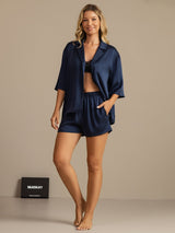 [Dark Blue] SilkSilky-CA 19Momme Machine-Washable Silk Half Sleeve Notch Collar Women's Pajamas 007