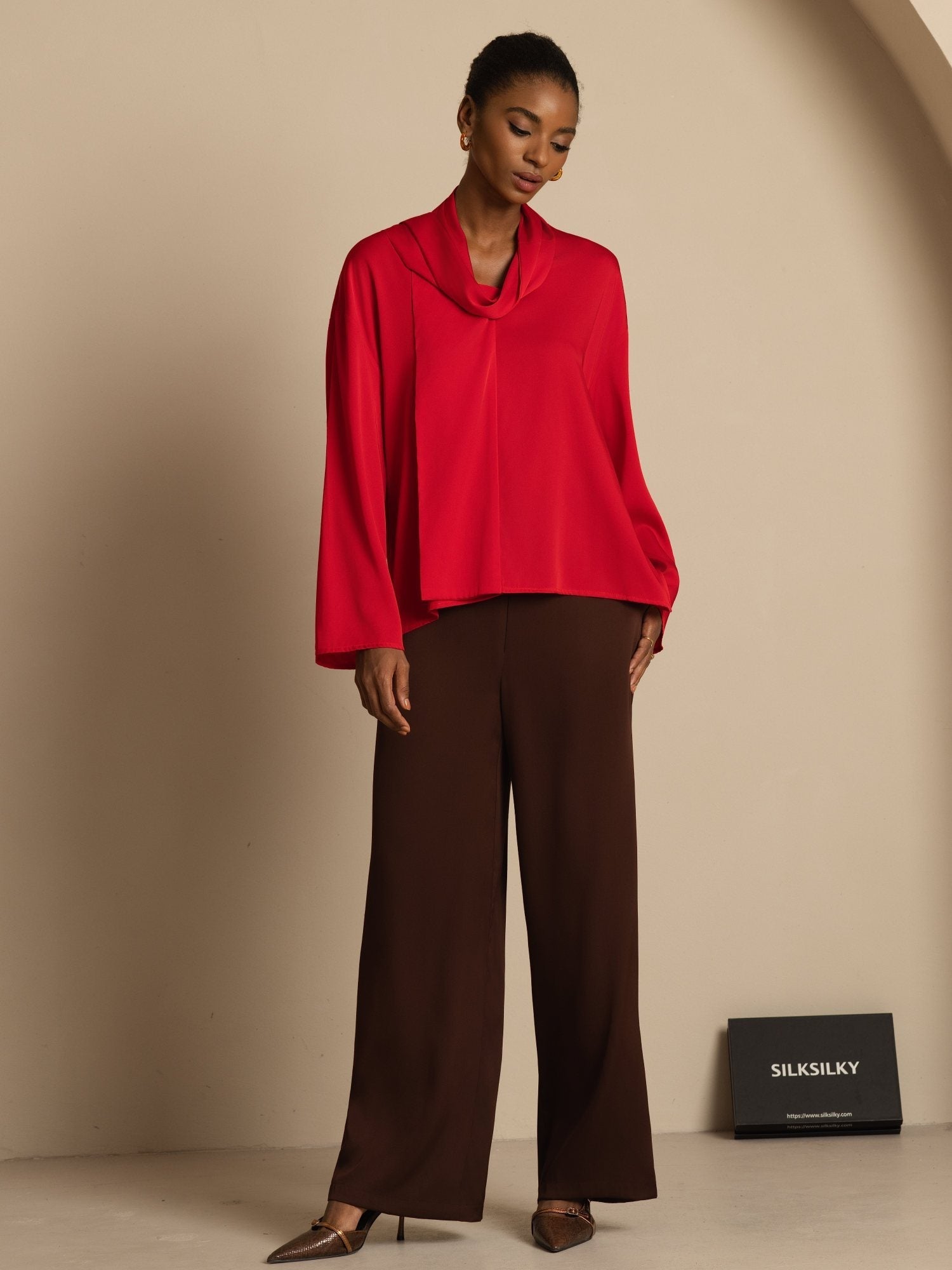 [Wine] SilkSilky-CA 19Momme Stretch Silk Double Georgette Long Sleeve V Neck Blouse 008