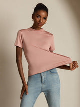 [Pink] SilkSilky-CA 100% Silk Jersey Short Sleeve Mock Neck Women's T-Shirt 001