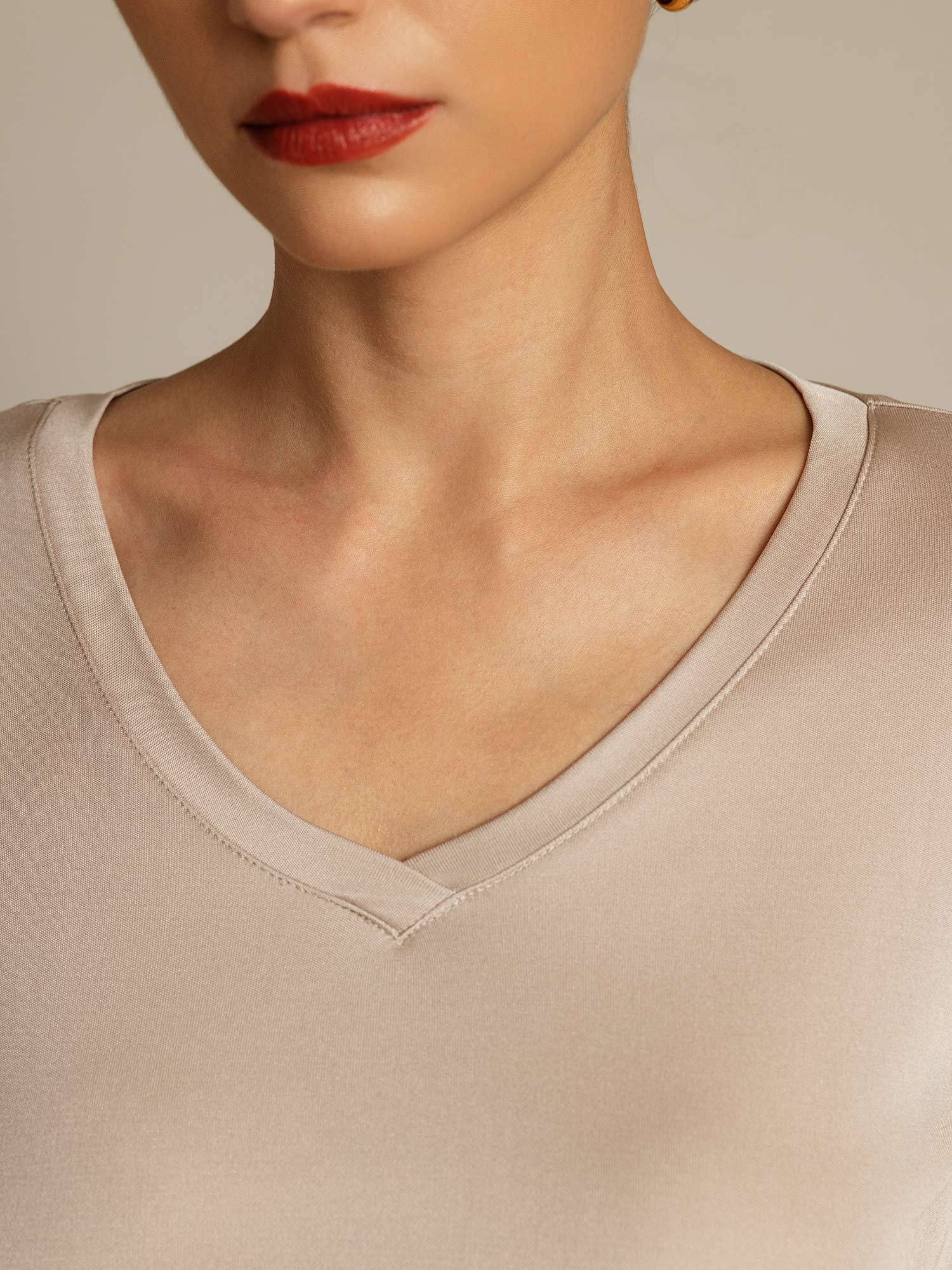 [LightKhaki] SilkSilky-CA Pure Silk V Neck Women's T-Shirt 004