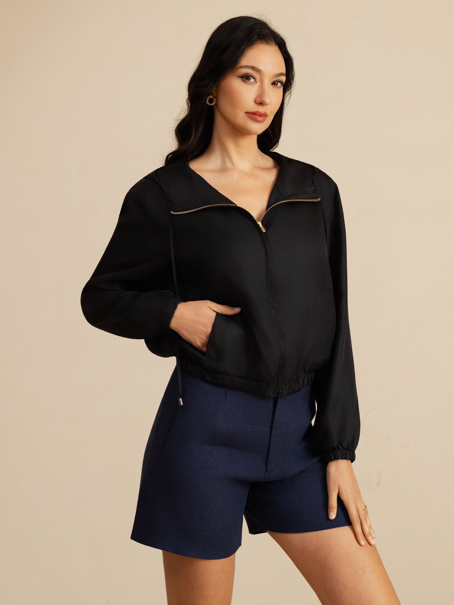 [Black] SilkSilky-CA 18Momme Silk Satin Surah Long Sleeve Stand Collar Women's Outerwear 003