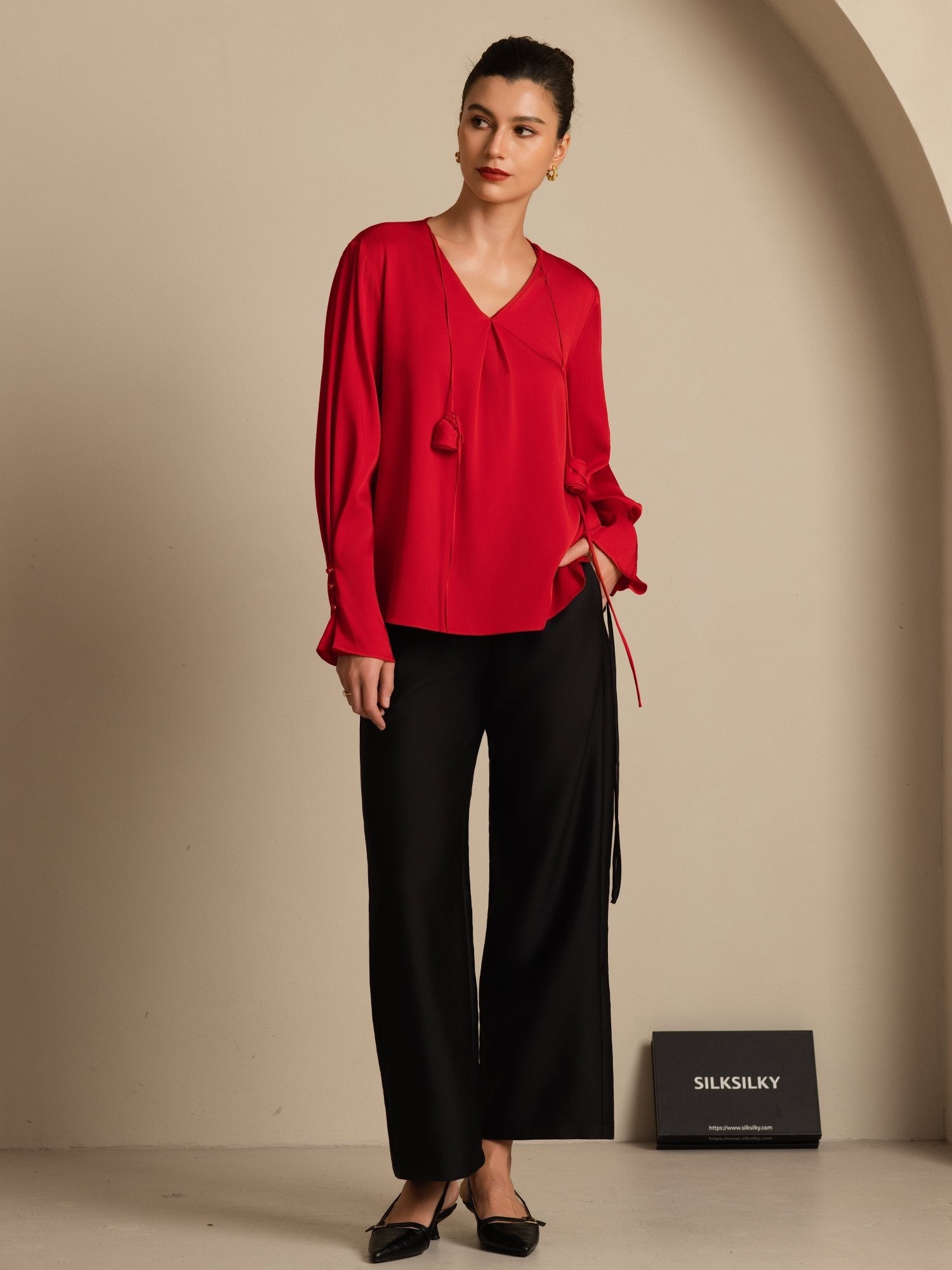 [Wine] SilkSilky-CA 19Momme Stretch Silk Double Georgette Long Sleeve V Neck Blouse 001