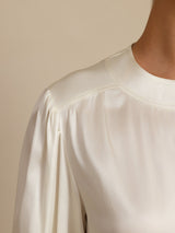 [White] SilkSilky-CA 19Momme Long Sleeve Round Neck Blouse 004