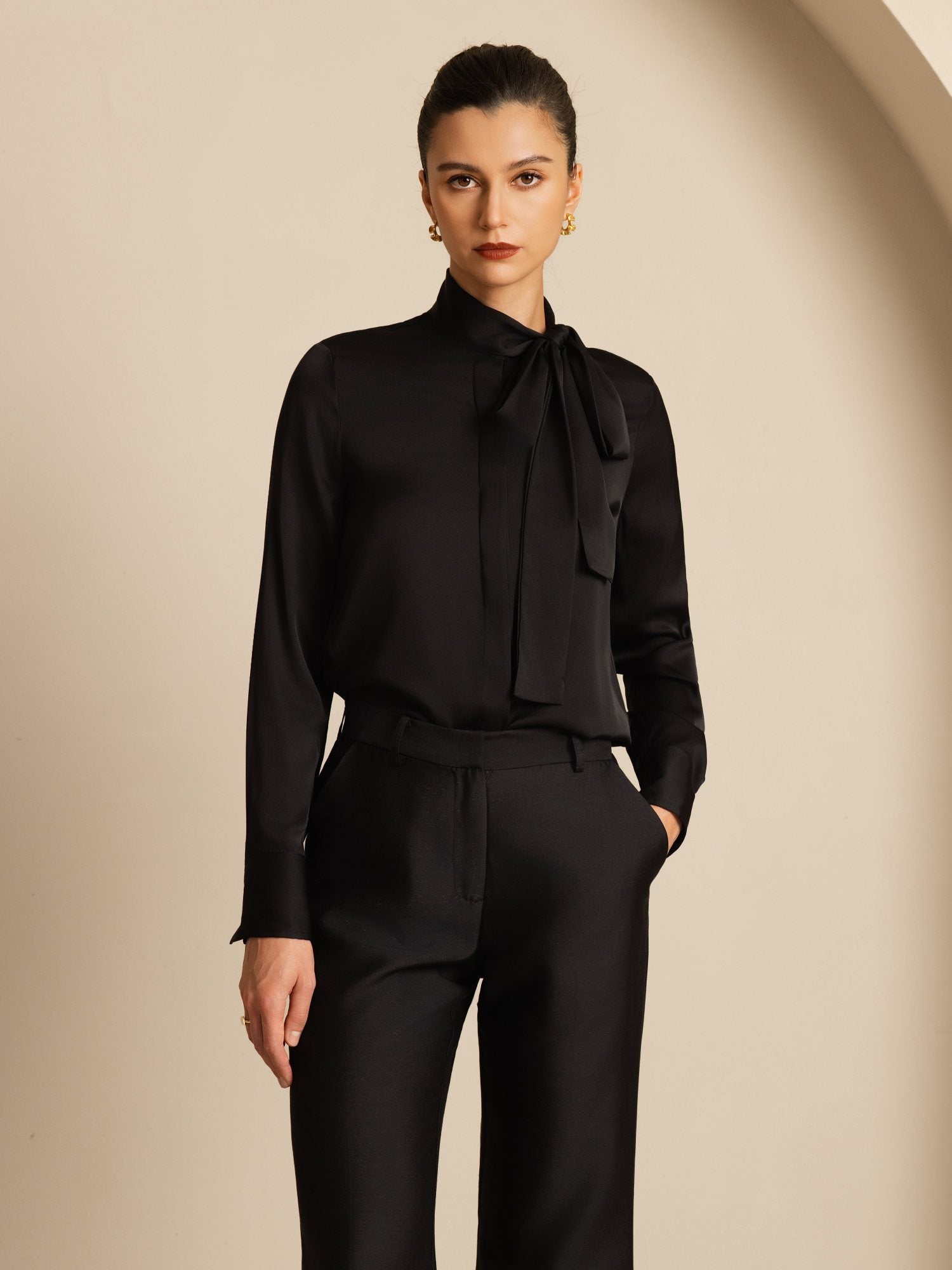 [Black] SilkSilky-CA 19Momme Stretch Silk Charmeuse Long Sleeve Tie Neck Blouse 005