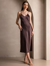 [Coffee] SilkSilky-CA Spaghetti Strap V Neck Dress 003