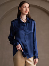 [Dark Blue] SilkSilky-CA Long Sleeve Lapel Collar Women's Shirt 003