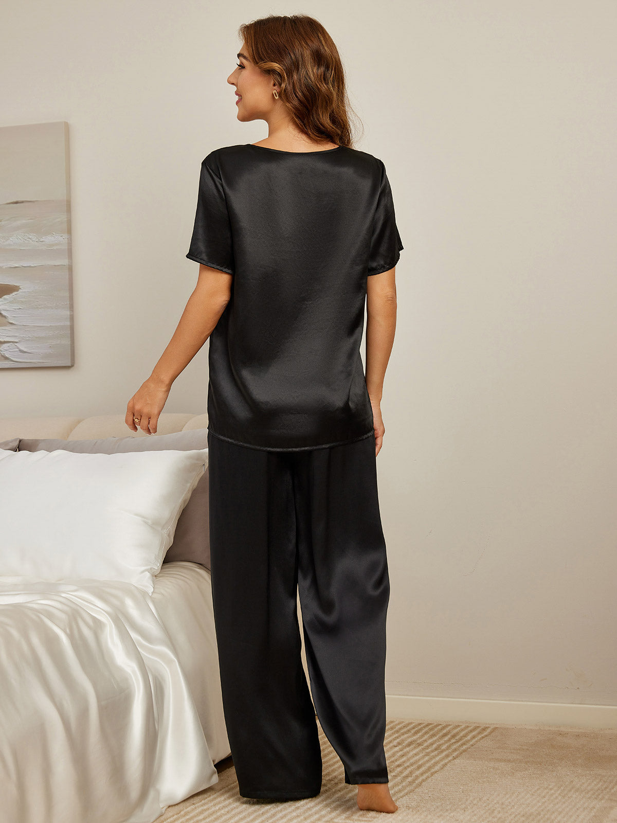 SilkSilky CA Pure Silk Short Sleeve Round Neck Women's Pajamas Black 002