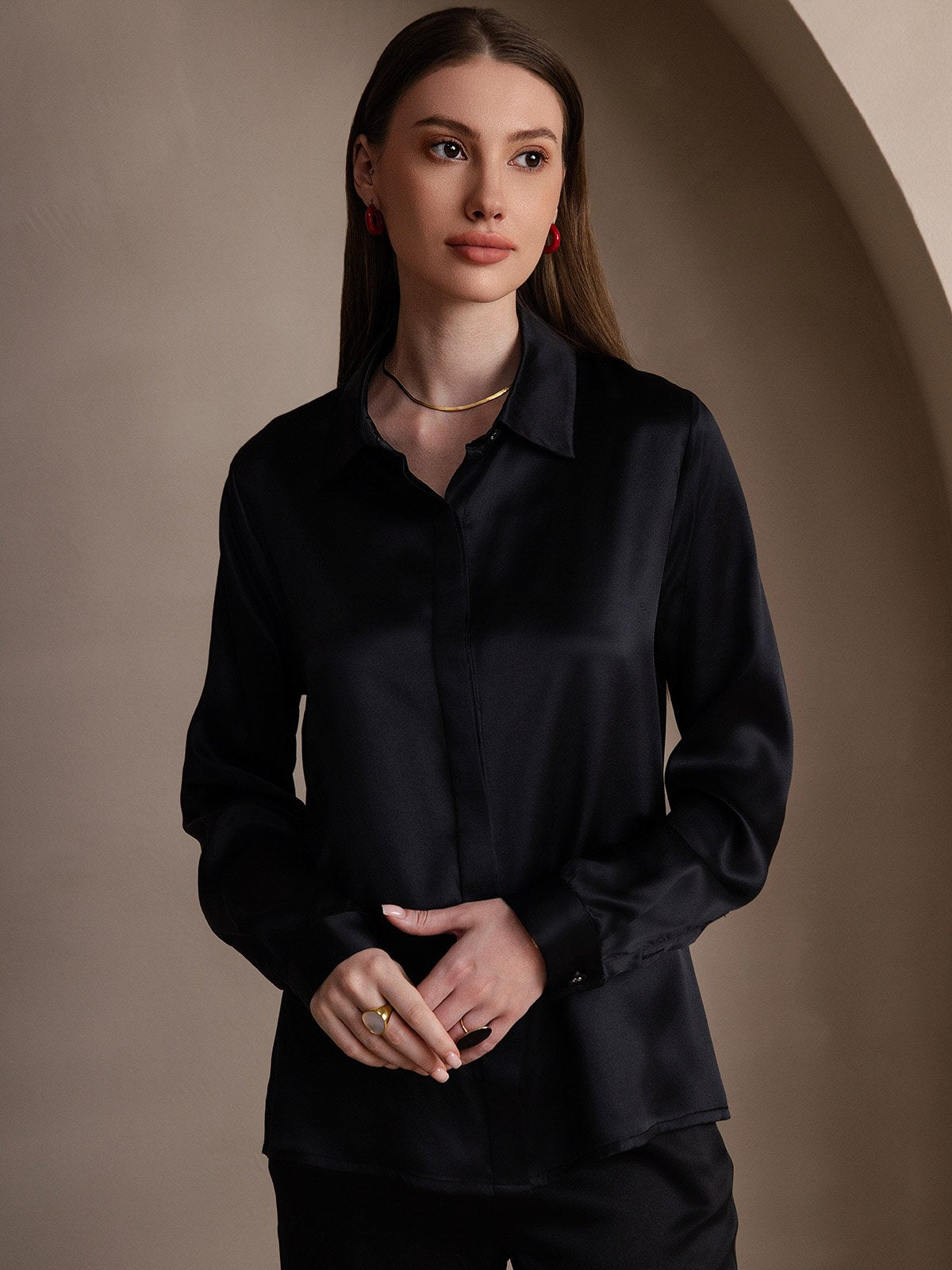 [Black] SilkSilky-CA 19Momme Silk Long Sleeve Lapel Collar Women's Shirt 004