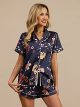[Navy Floral] SilkSilky-CA Short Sleeve Notch Collar Women's Pajamas 005