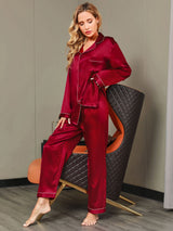 [Wine] SilkSilky-CA Long Sleeve Lapel Collar Women's Pajamas 006