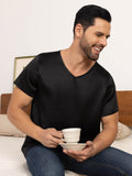 SilkSilky CA Pure Silk Short Sleeve V Neck Men's T Shirt Black 004