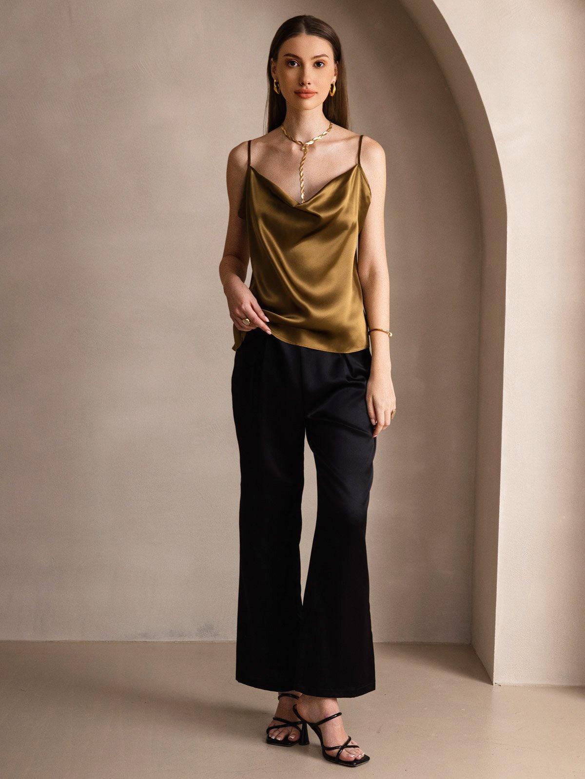 [Brown] SilkSilky-CA 19Momme Silk Spaghetti Strap Cowl Neck Camisole 005