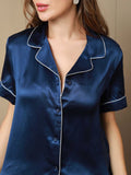 SilkSilky CA Pure Silk Short Sleeve Lapel Women's Pajamas DarkBlue 007