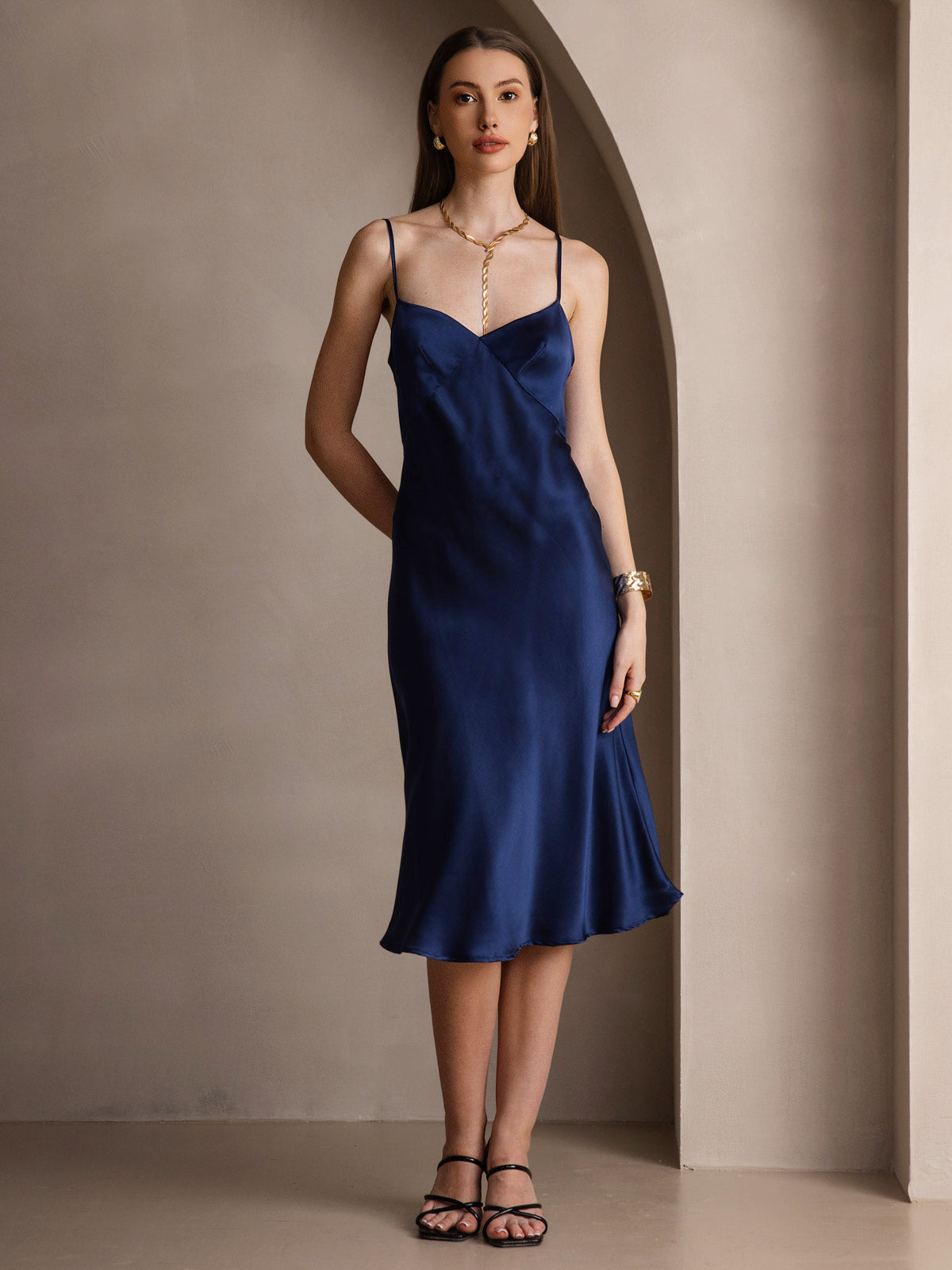 [Dark Blue] SilkSilky-CA 19Momme Pure Silk V Neck Dress 001