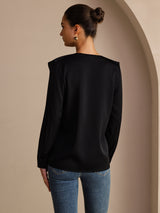 [Black] SilkSilky-CA Long Sleeve Deep V Neck Women's Blouse 002