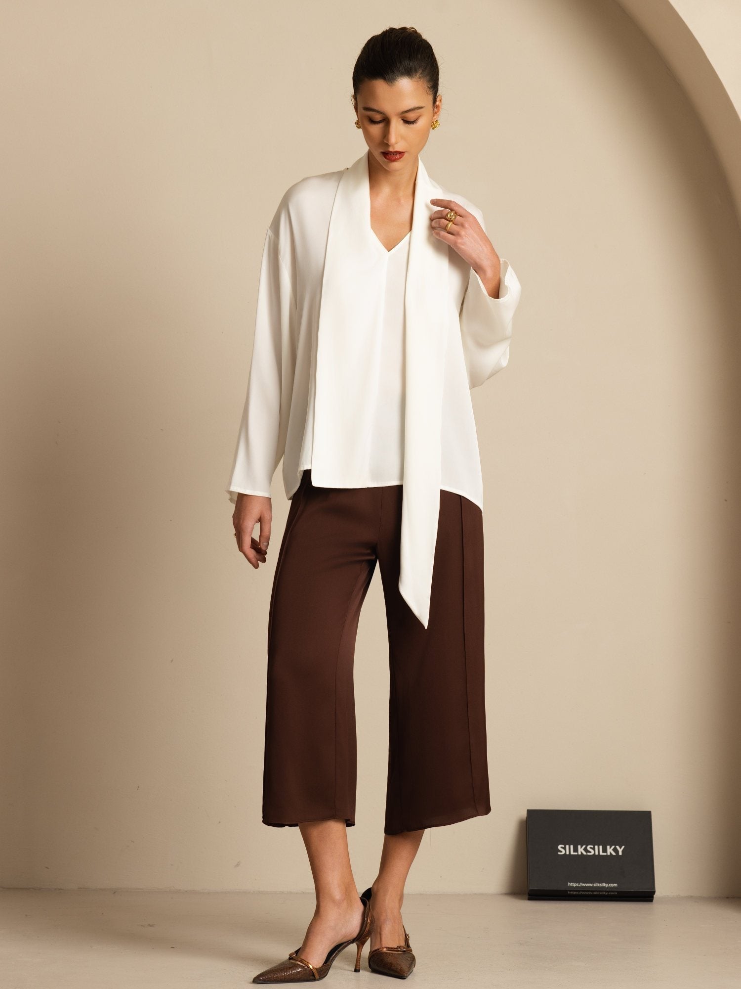 [White] SilkSilky-CA 19Momme Stretch Silk Double Georgette Long Sleeve V Neck Blouse 007