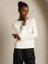 [White] SilkSilky-CA 100% Silk Jersey Long Sleeve Crew Neck Women's T-Shirt 006