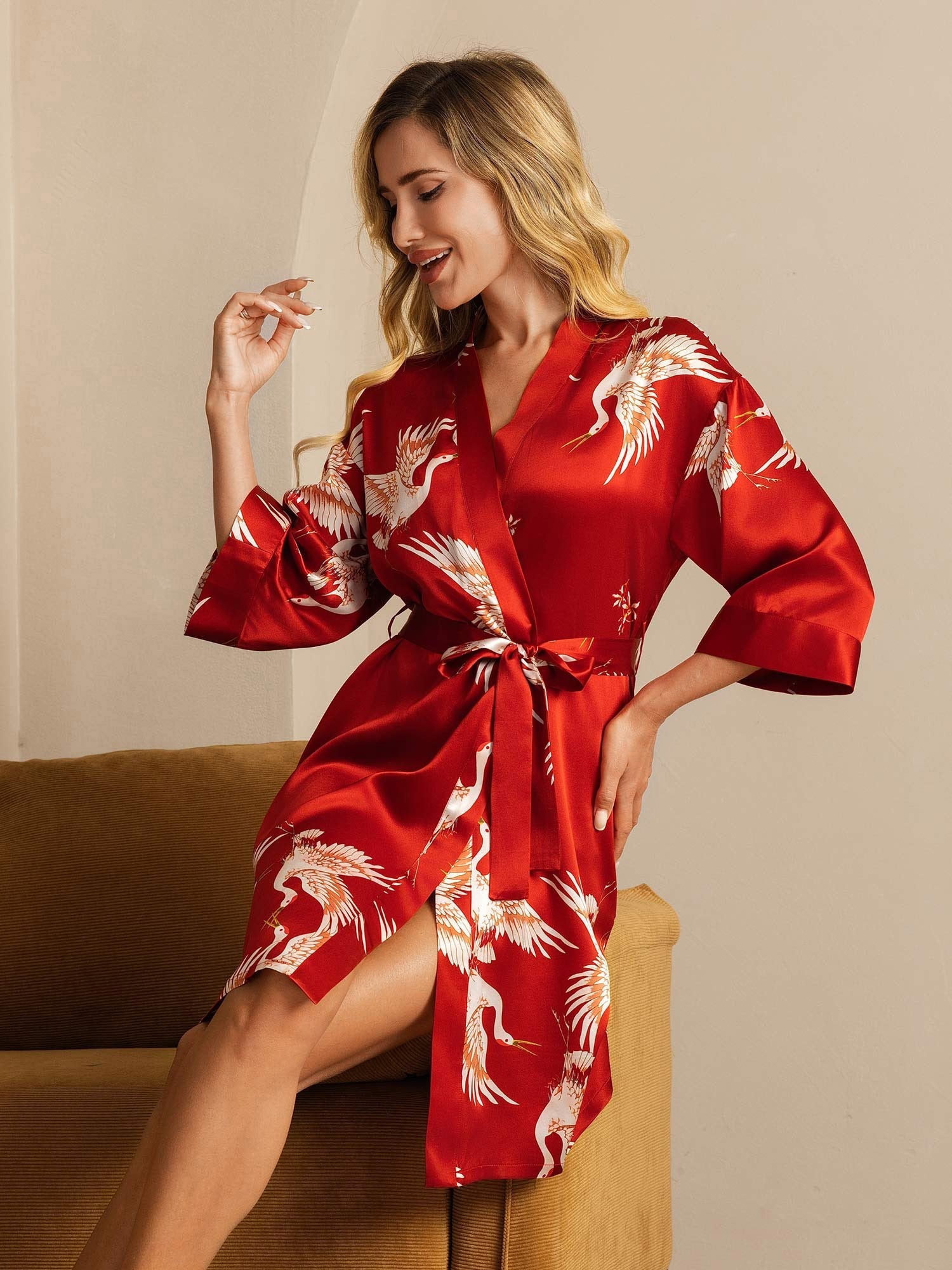[Dark Red] SilkSilky-CA 19Momme 3/4 Sleeve Women's Robe 001