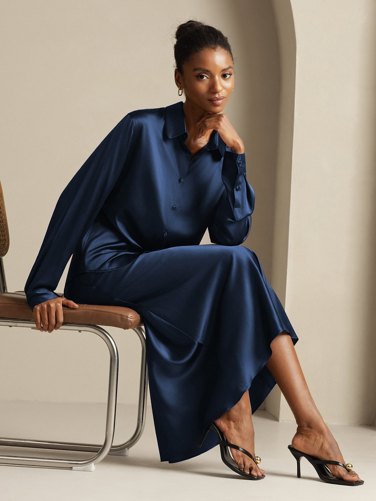 [Dark Blue] SilkSilky-CA 19Momme Silk Knitted Lapel Collar Women''s Outfit Sets 008,