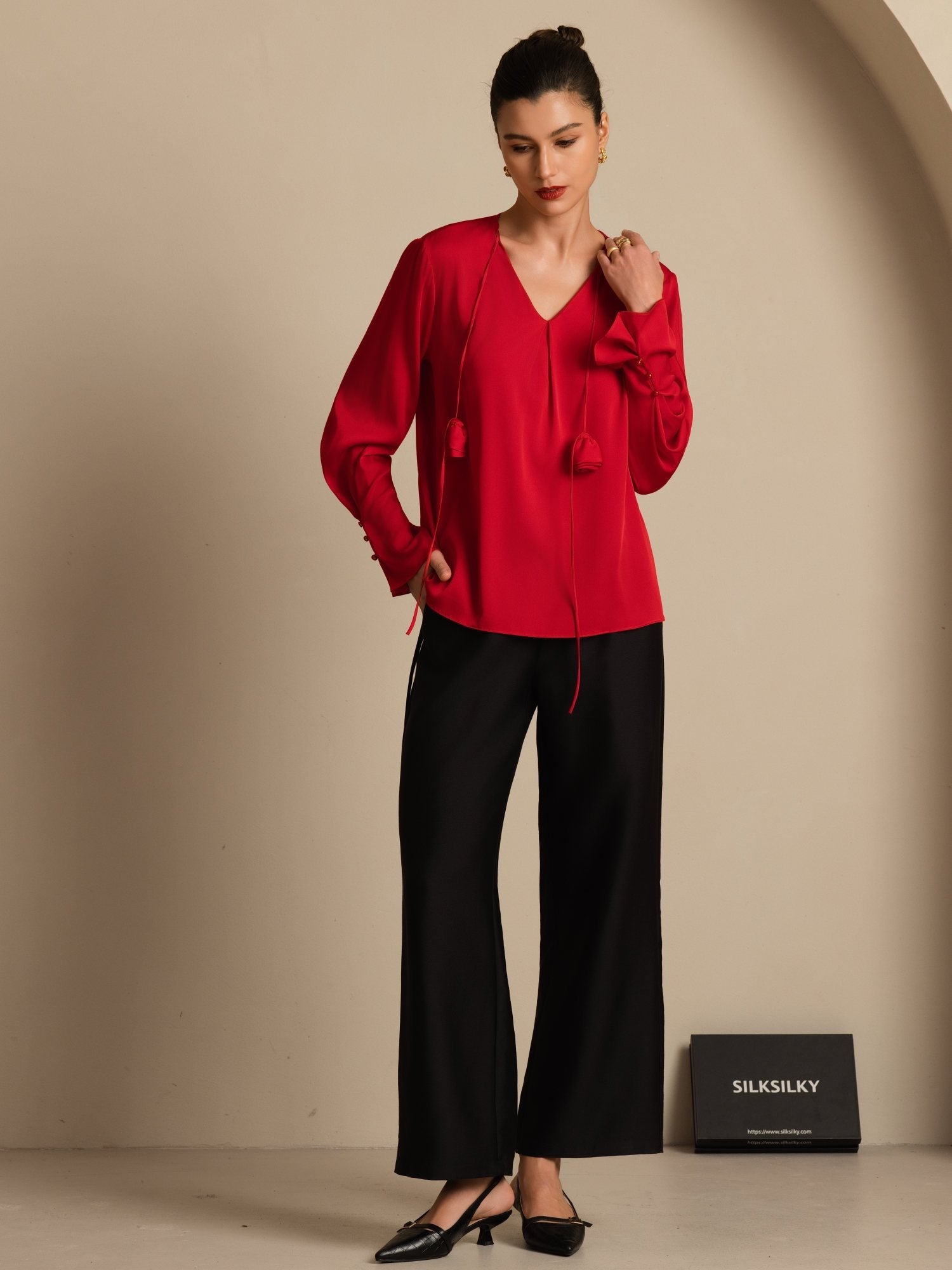 [Wine] SilkSilky-CA 19Momme Stretch Silk Double Georgette Long Sleeve V Neck Blouse 008