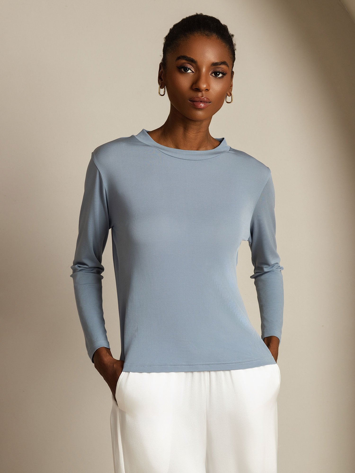 [GrayishBlue] SilkSilky-CA Pure Silk Round Neck Women's T-Shirt 006