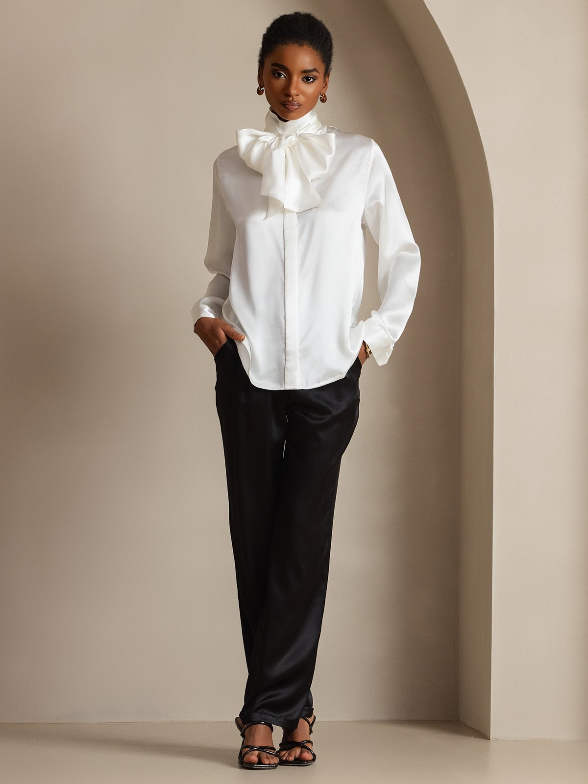 [White] SilkSilky-CA 19Momme Silk High Neck Women's Shirt 007,