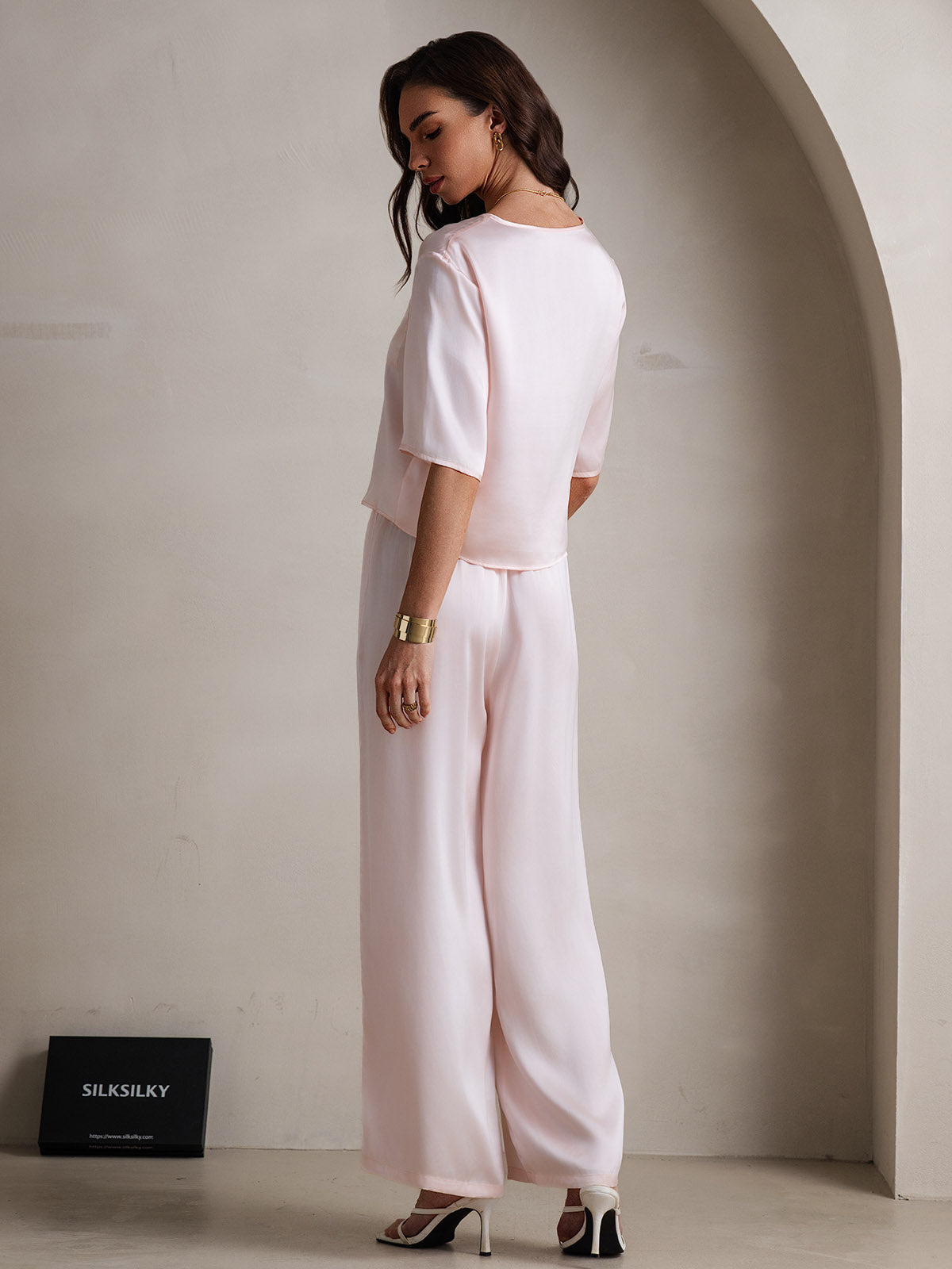 [Pink] SilkSilky-CA Pure Silk Round Neck Women's Pajamas 002