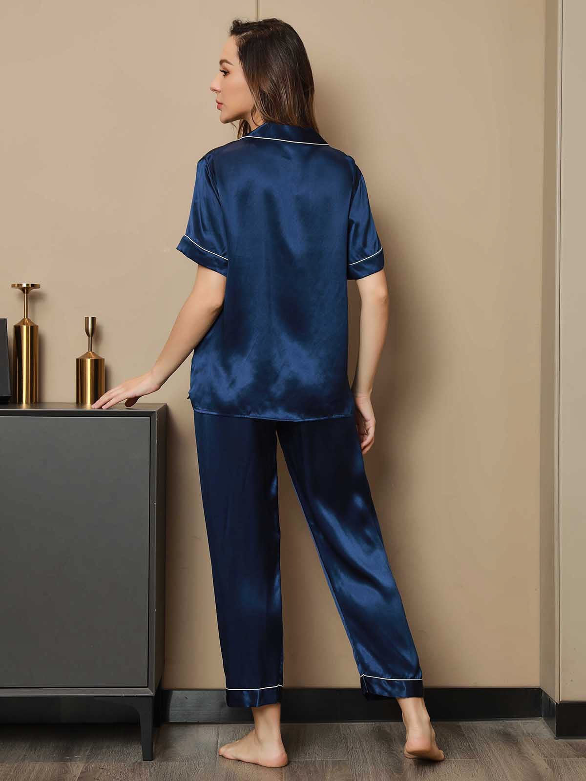 SilkSilky-CA Pure Silk Short Sleeve Lapel Women's Pajamas DarkBlue 002