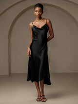 [Black] SilkSilky-CA Spaghetti Strap Cowl Neck Dress 001